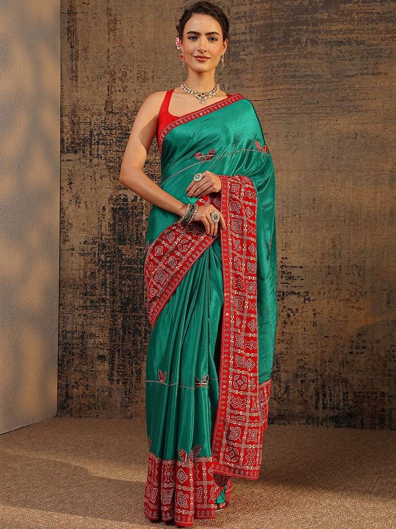 green bandhani embellished saree with unstitched blouse piece