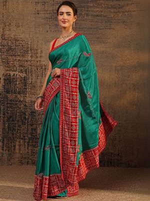 green bandhani embellished saree with unstitched blouse piece 4
