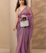 purple striped embellished saree with unstitched blouse piece