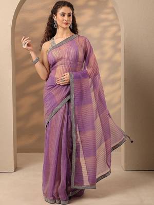purple striped embellished saree with unstitched blouse piece 2