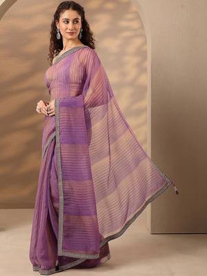 purple striped embellished saree with unstitched blouse piece 3