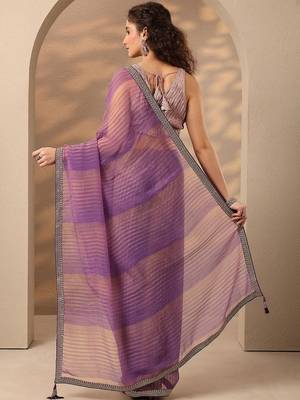 purple striped embellished saree with unstitched blouse piece 4