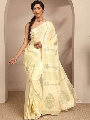 cream woven design banarsi saree with unstitched blouse piece 1
