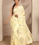 cream woven design banarsi saree with unstitched blouse piece