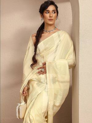 cream woven design banarsi saree with unstitched blouse piece 3