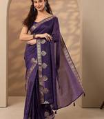 purple printed saree with unstitched blouse piece