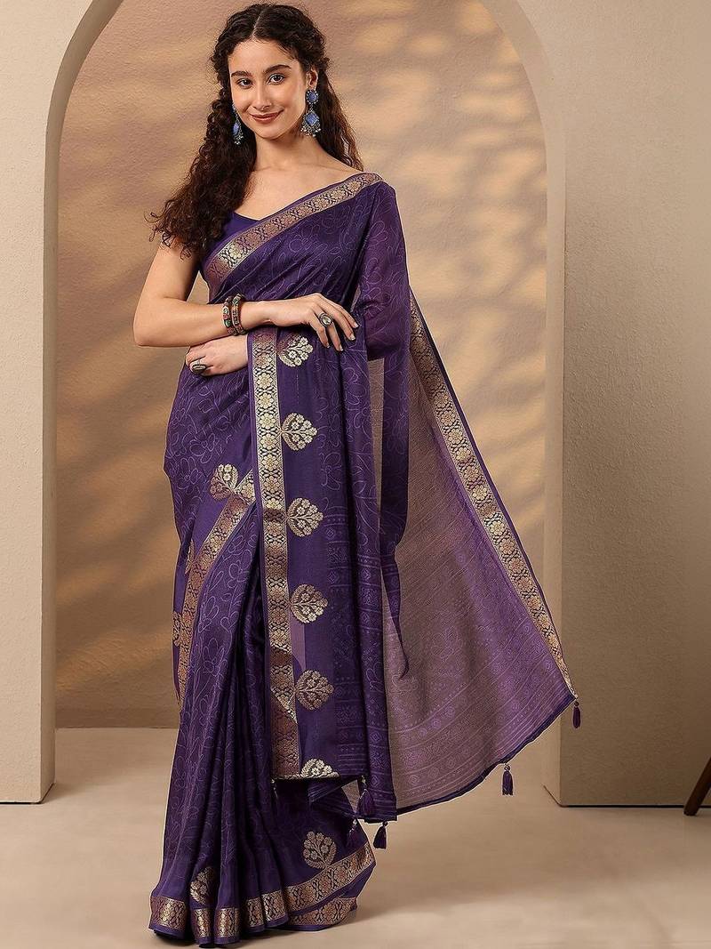 purple printed saree with unstitched blouse piece