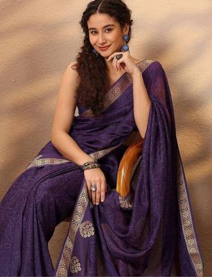 purple printed saree with unstitched blouse piece 5