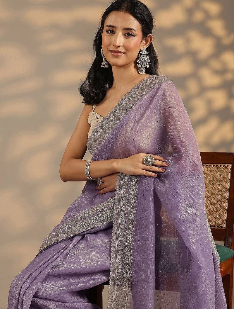 lavender embellished saree with unstitched blouse piece