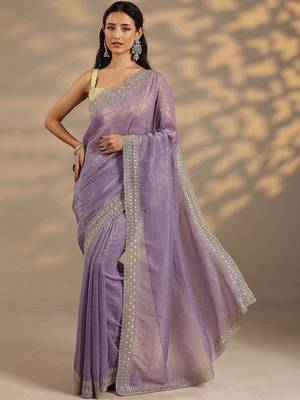 lavender embellished saree with unstitched blouse piece 2