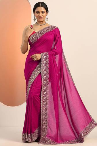 magenta embellished saree with unstitched blouse piece