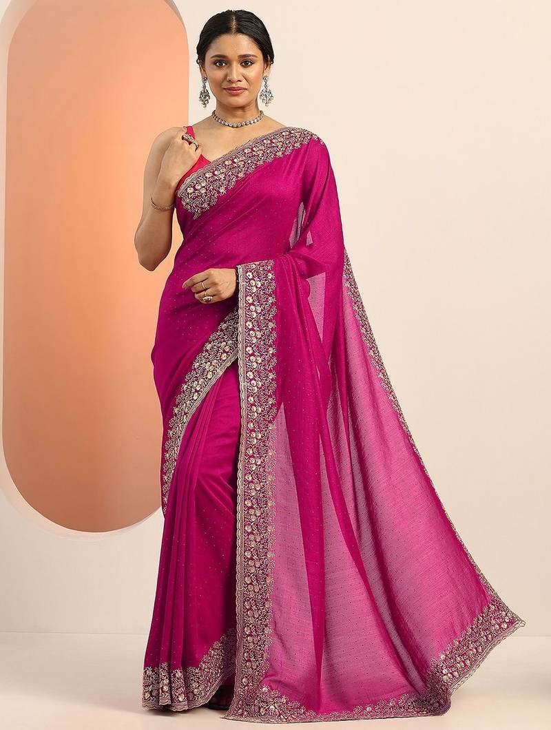 magenta embellished saree with unstitched blouse piece