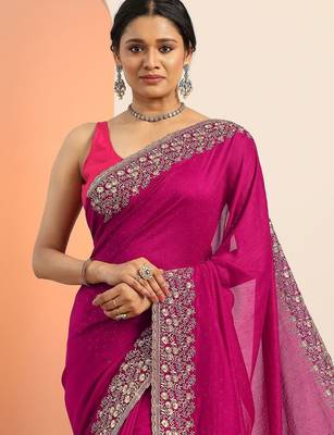 magenta embellished saree with unstitched blouse piece 3