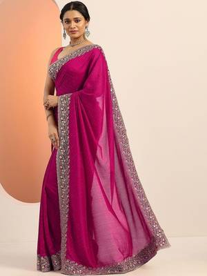magenta embellished saree with unstitched blouse piece 5