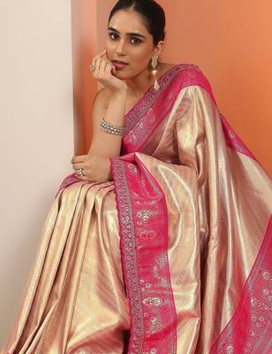 beige saree with unstitched blouse piece 1