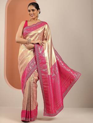 beige saree with unstitched blouse piece 2