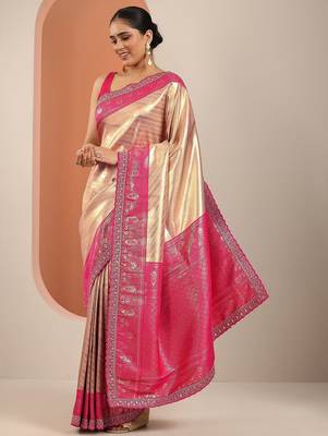 beige saree with unstitched blouse piece 3