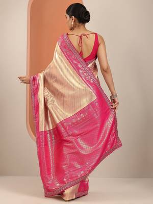 beige saree with unstitched blouse piece 4