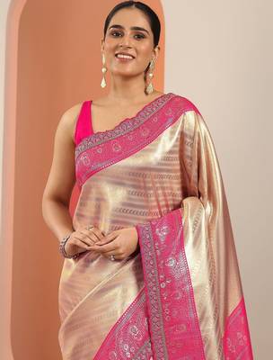 beige saree with unstitched blouse piece 5