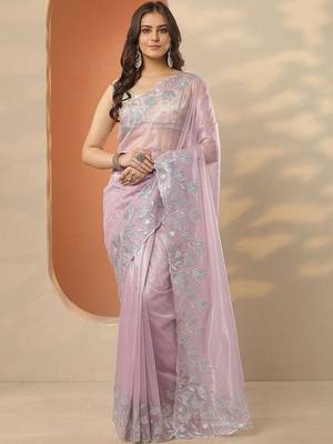 lavender embellished nylon saree with unstitched blouse piece 1