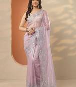 lavender embellished nylon saree with unstitched blouse piece