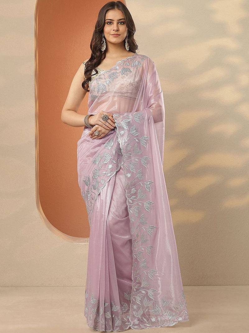 lavender embellished nylon saree with unstitched blouse piece