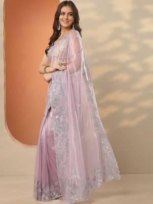 lavender embellished nylon saree with unstitched blouse piece 3