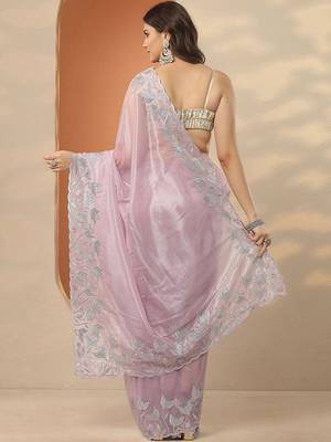 lavender embellished nylon saree with unstitched blouse piece 4