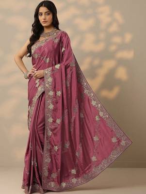 purple embroidered saree with unstitched blouse piece 1