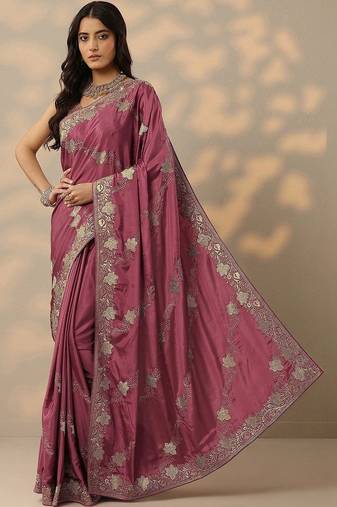 purple embroidered saree with unstitched blouse piece