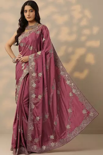 purple embroidered saree with unstitched blouse piece