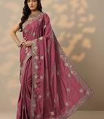 purple embroidered saree with unstitched blouse piece