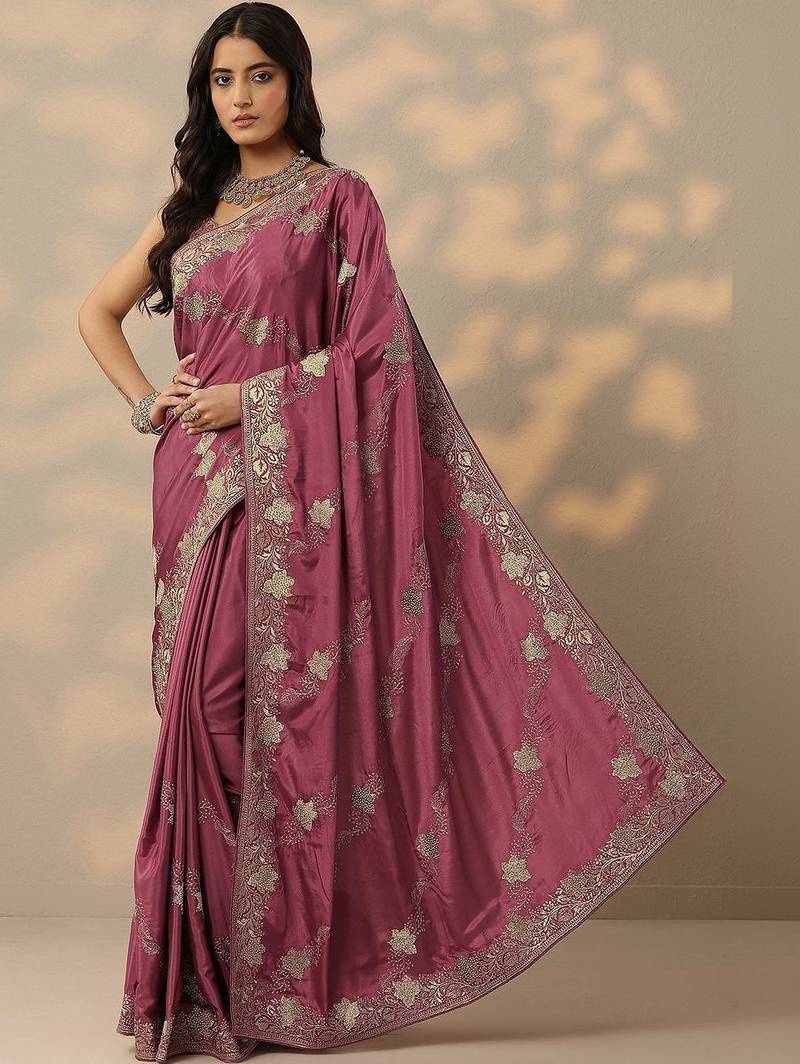purple embroidered saree with unstitched blouse piece