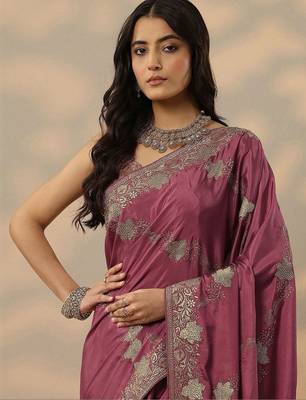purple embroidered saree with unstitched blouse piece 2