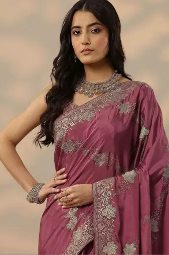 purple embroidered saree with unstitched blouse piece