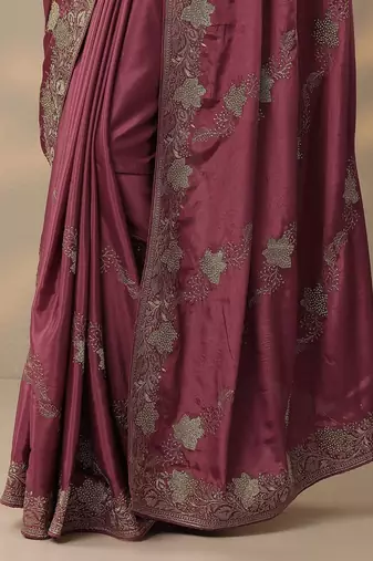 purple embroidered saree with unstitched blouse piece