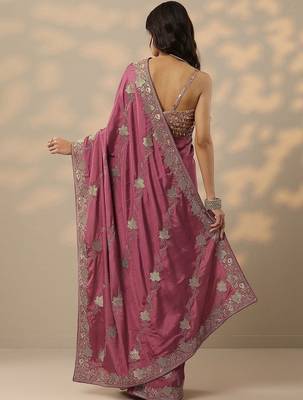 purple embroidered saree with unstitched blouse piece 4