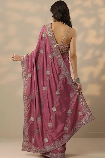purple embroidered saree with unstitched blouse piece