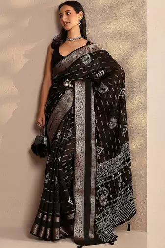 black woven design saree with unstitched blouse piece