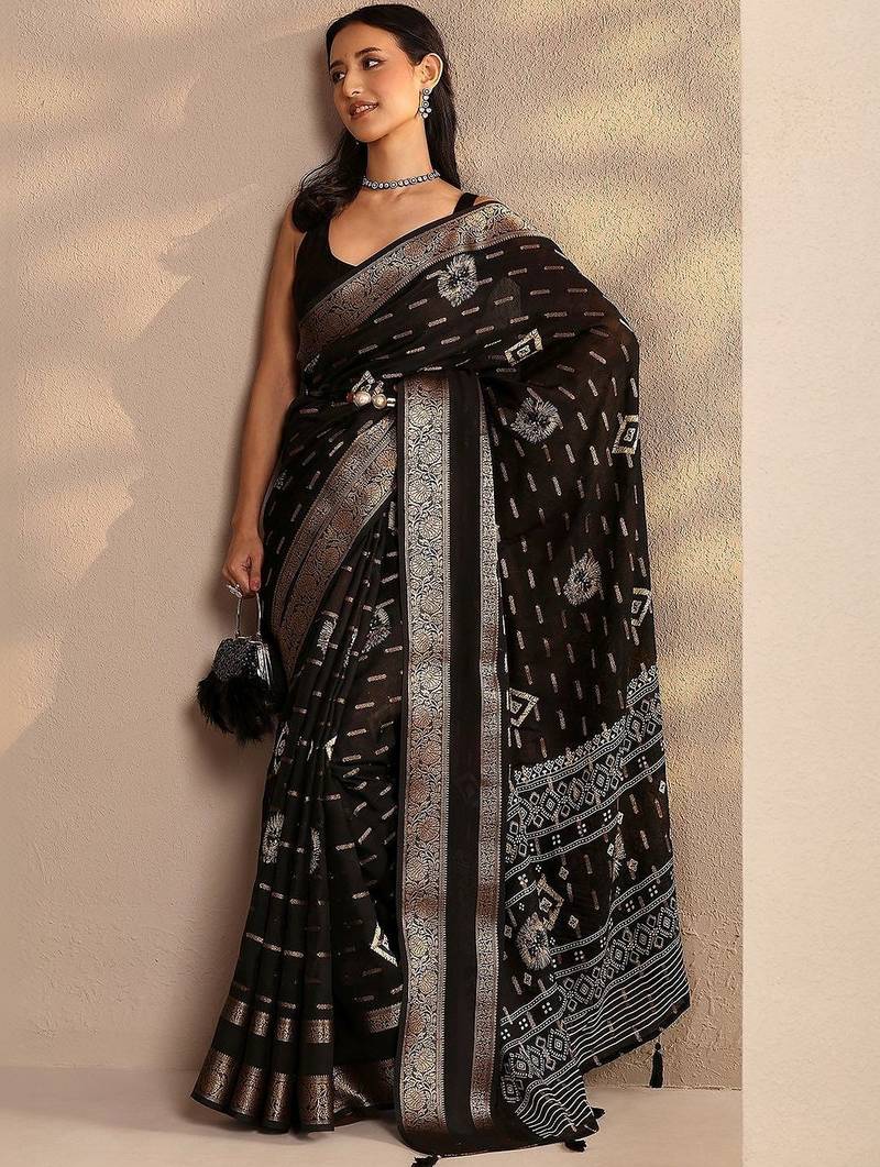 black woven design saree with unstitched blouse piece