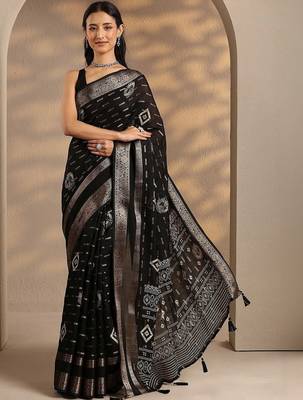 black woven design saree with unstitched blouse piece 2