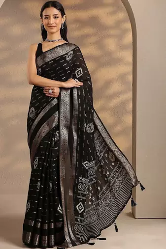 black woven design saree with unstitched blouse piece