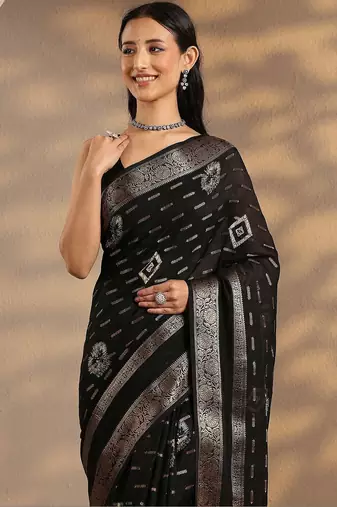 black woven design saree with unstitched blouse piece