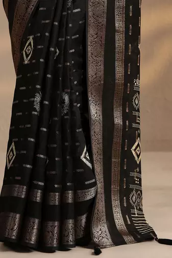black woven design saree with unstitched blouse piece