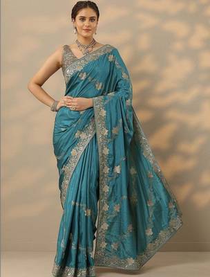 teal embroidered saree with unstitched blouse piece 1