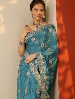 teal embroidered saree with unstitched blouse piece 2