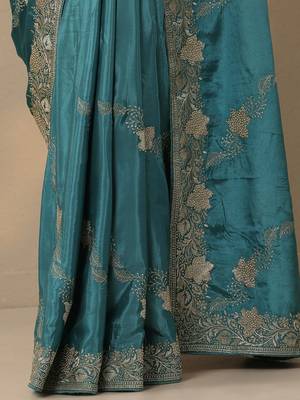 teal embroidered saree with unstitched blouse piece 3