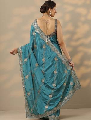 teal embroidered saree with unstitched blouse piece 4