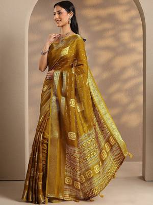 mustard woven design saree with unstitched blouse piece 2