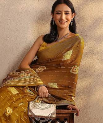 mustard woven design saree with unstitched blouse piece 5
